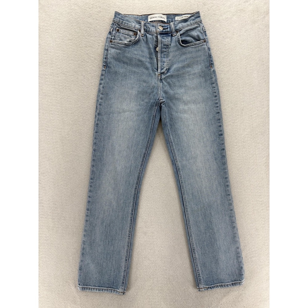 Denim Forum The Arlo High Rise Straight Jeans Womens 25 Medium Blue Stretch Pant